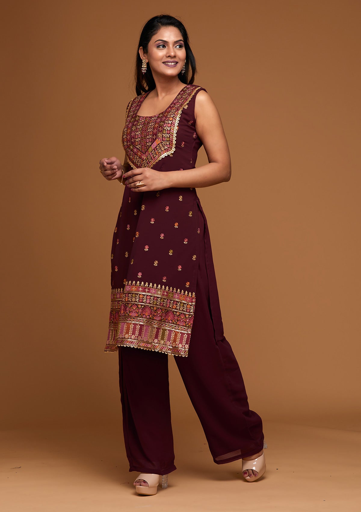 Maroon Threadwork Georgette Designer Salwar Suit - Koskii