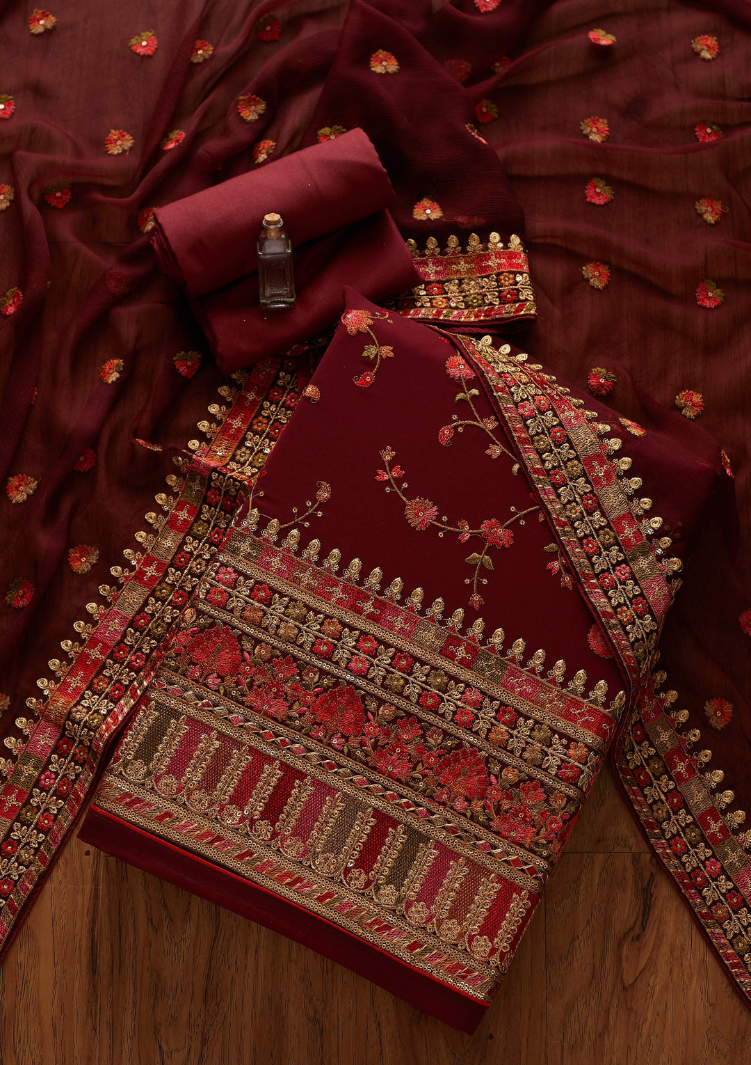 Maroon Threadwork Georgette Designer Unstitched Salwar Suit - koskii
