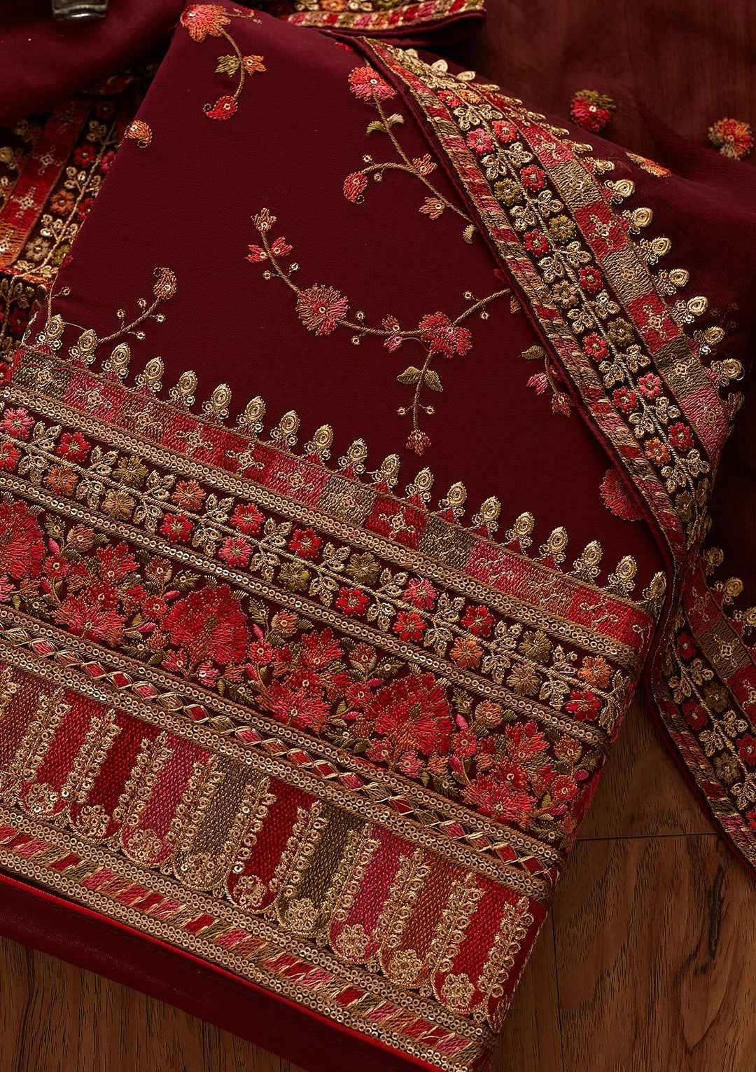 Maroon Threadwork Georgette Designer Unstitched Salwar Suit - koskii