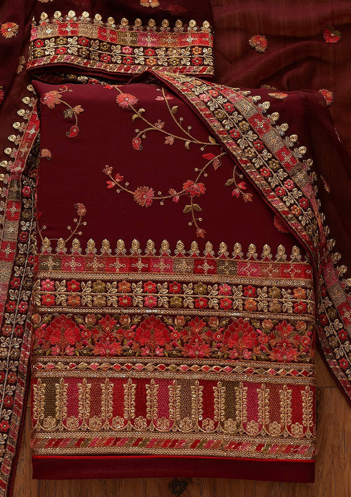 Maroon Threadwork Georgette Designer Unstitched Salwar Suit - koskii