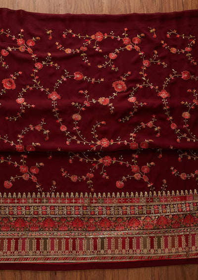 Maroon Threadwork Georgette Designer Unstitched Salwar Suit - koskii