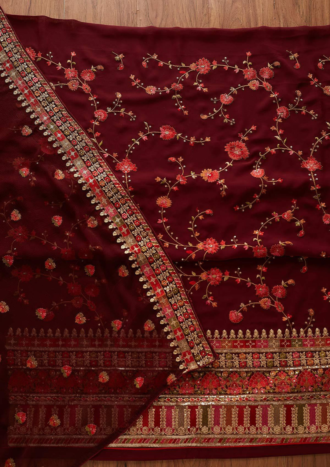 Maroon Threadwork Georgette Designer Unstitched Salwar Suit - koskii