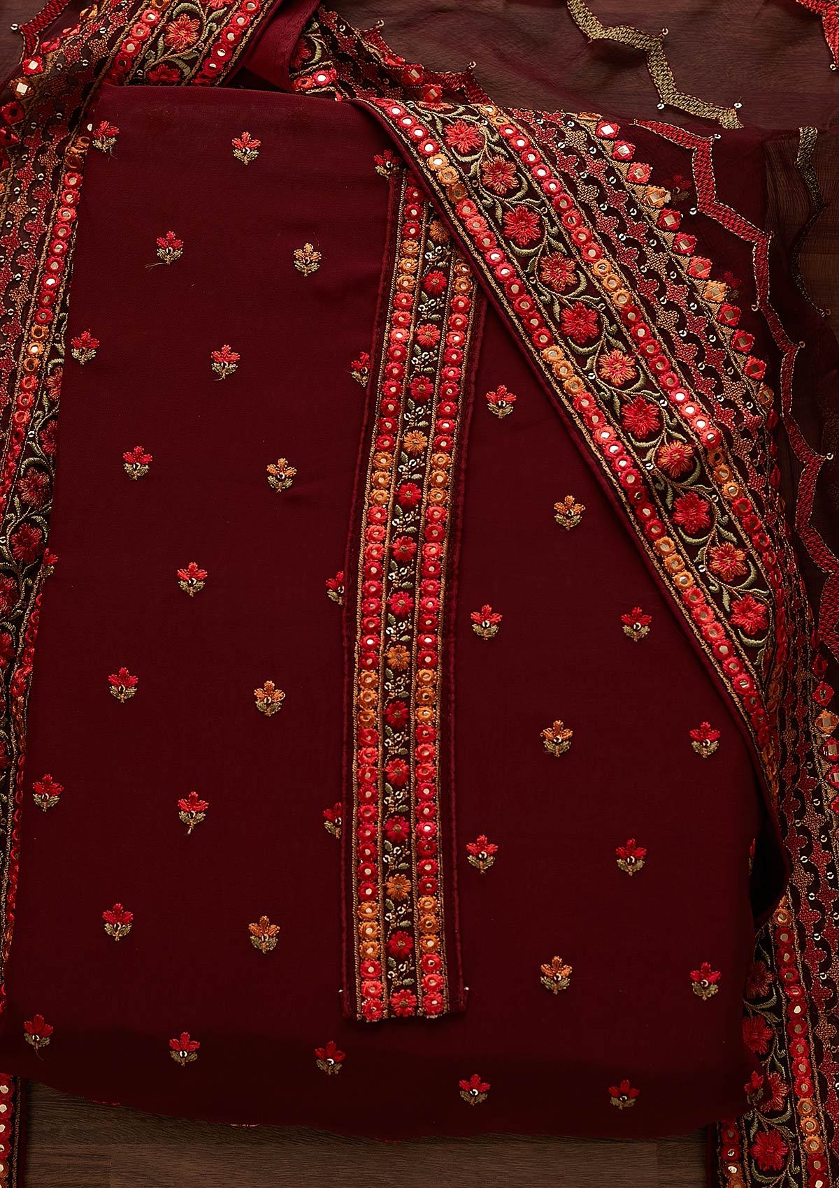 Maroon Threadwork Georgette Designer Unstitched Salwar Suit - Koskii