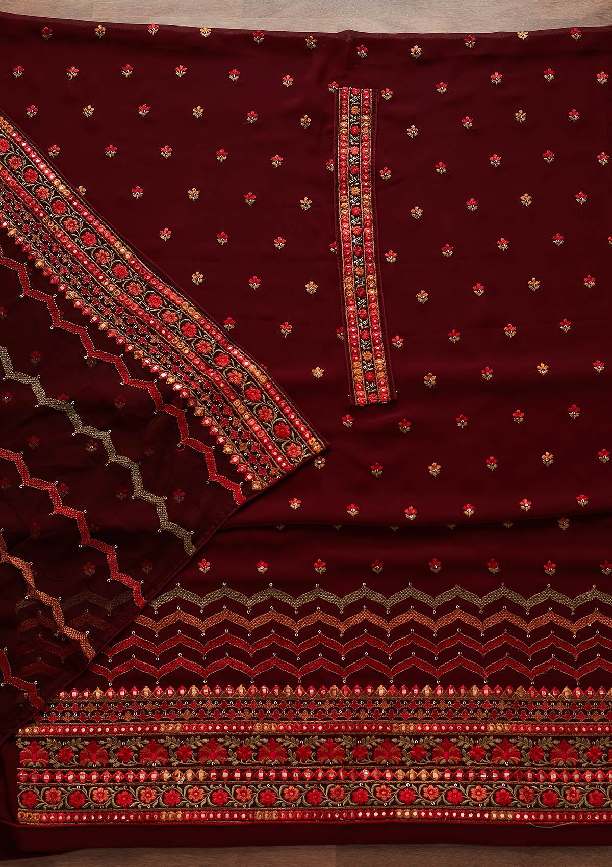 Maroon Threadwork Georgette Designer Unstitched Salwar Suit - Koskii