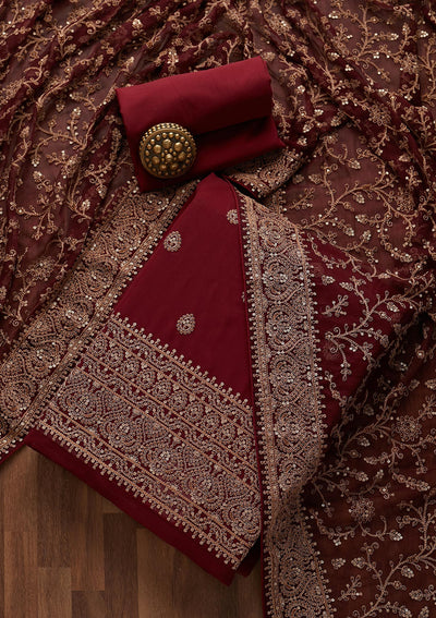 Maroon Threadwork Georgette Unstitched Salwar Suit- Koskii