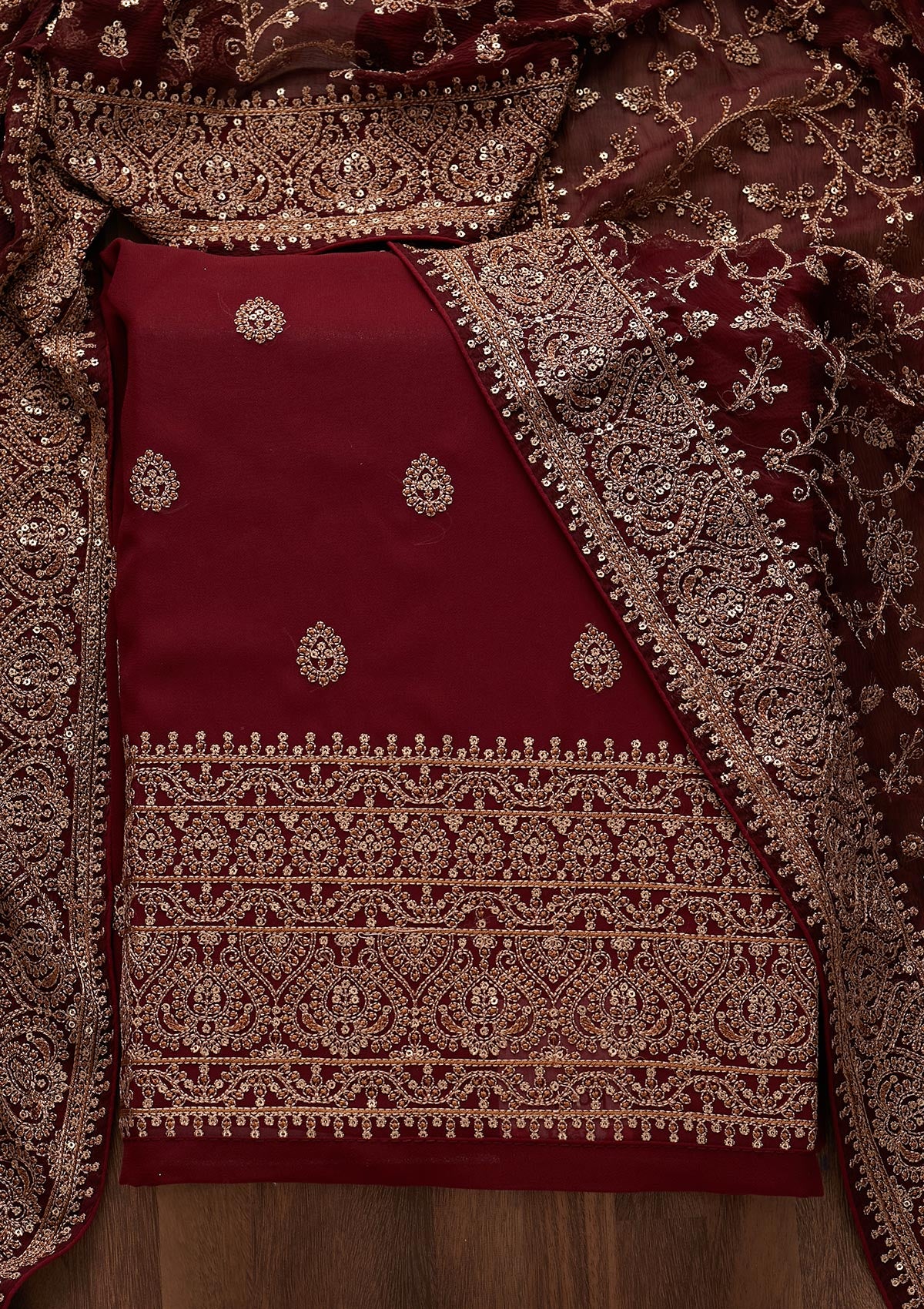 Maroon Threadwork Georgette Unstitched Salwar Suit - Koskii