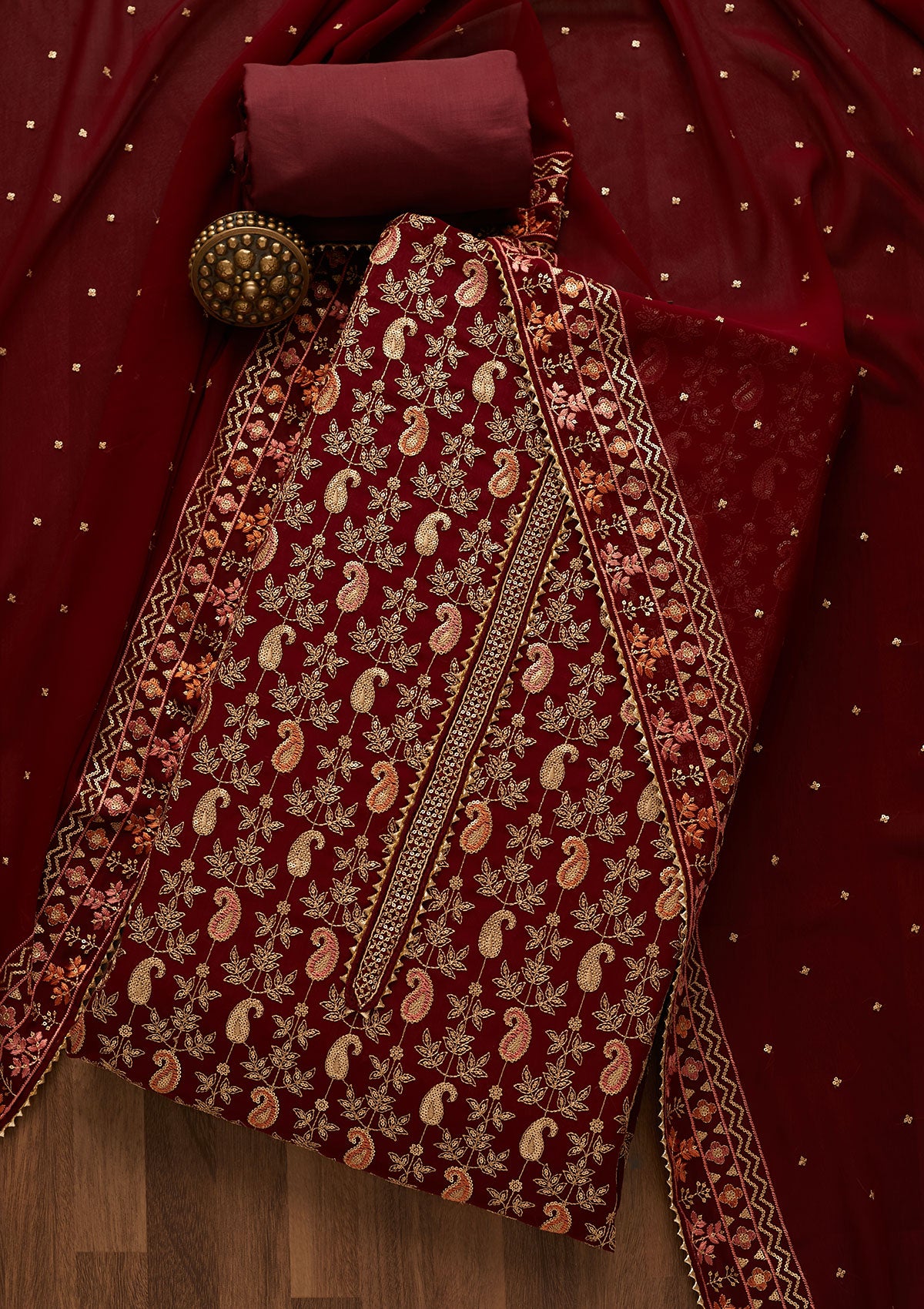Maroon Threadwork Georgette Unstitched Salwar Suit-Koskii