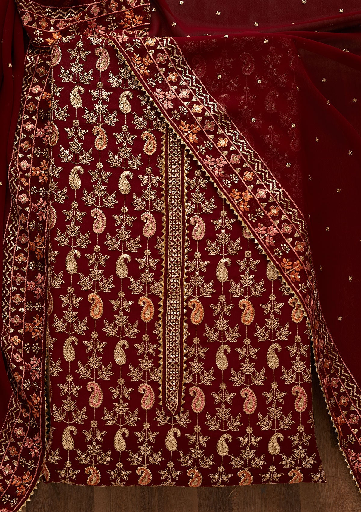 Maroon Threadwork Georgette Unstitched Salwar Suit-Koskii