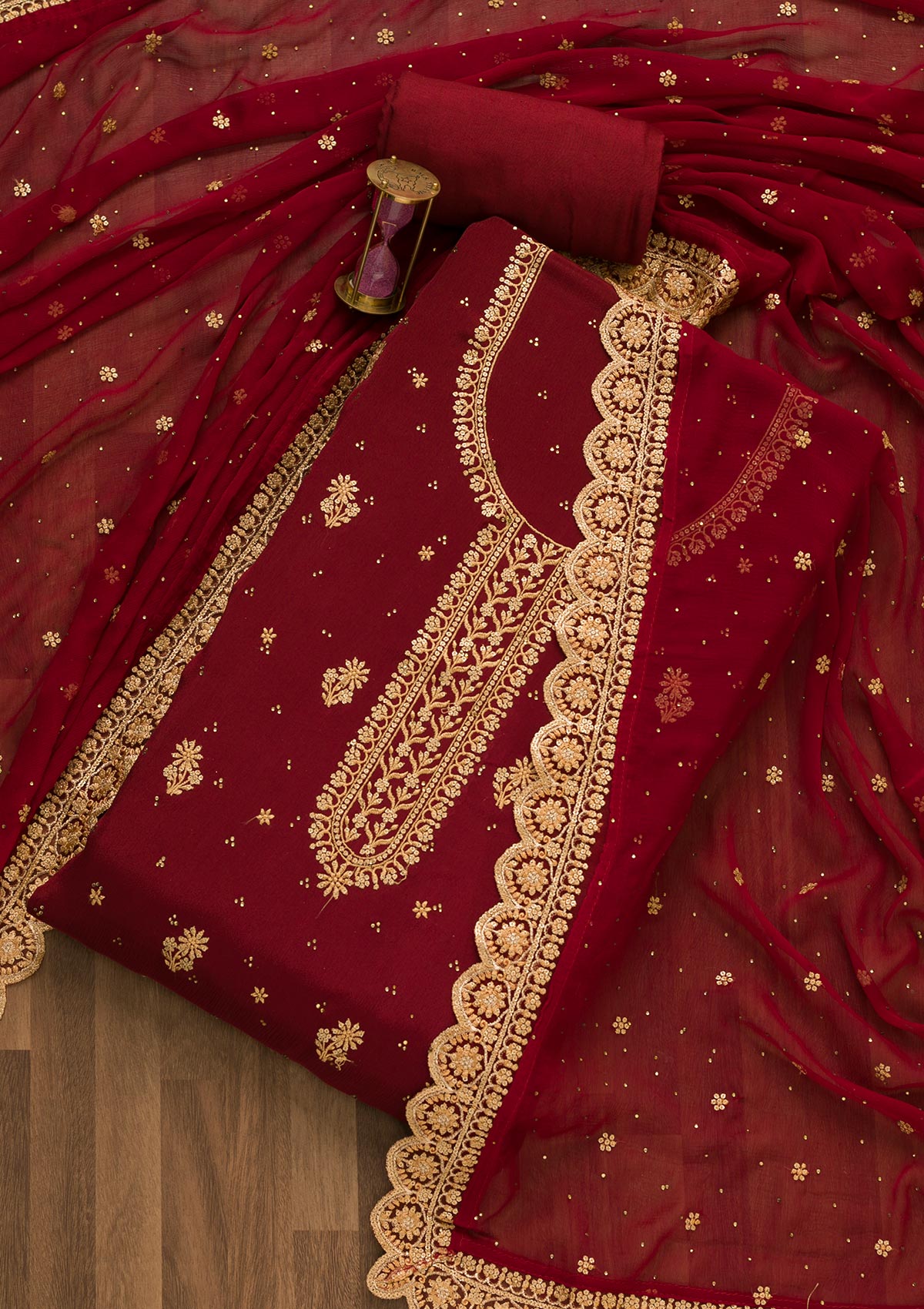 Maroon Threadwork Semi Crepe Unstitched Salwar Suit-Koskii