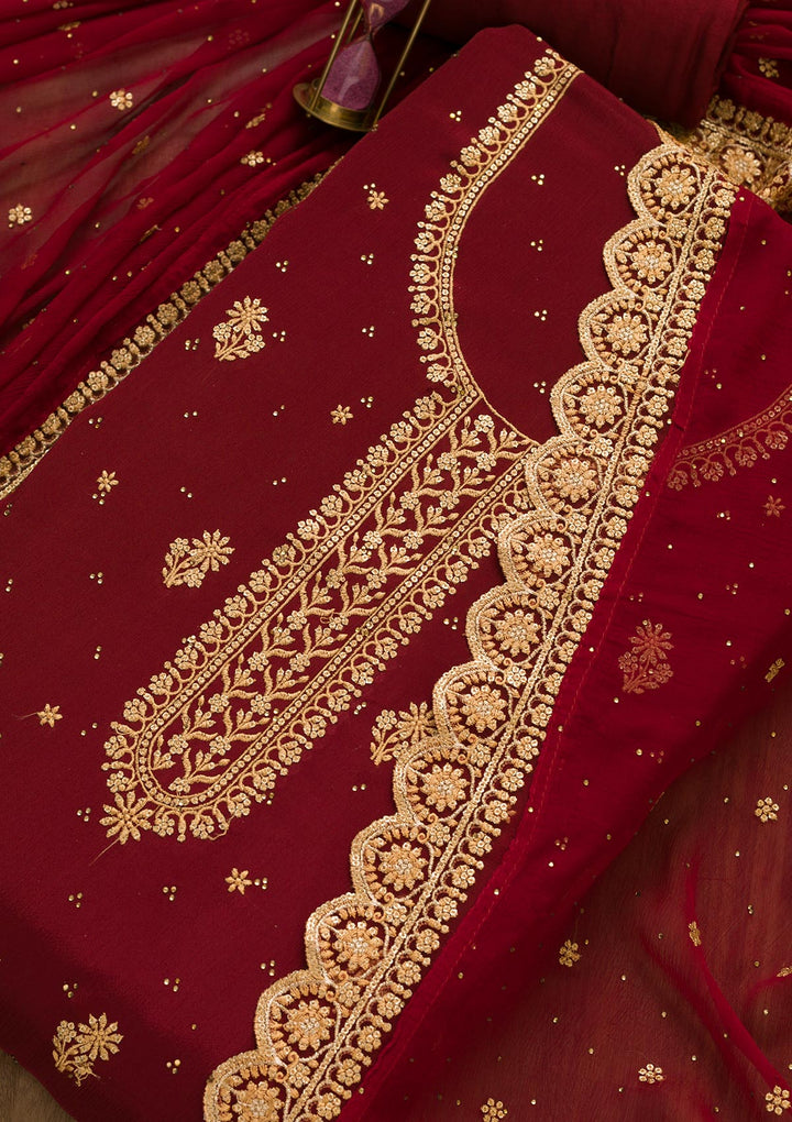 Maroon Threadwork Semi Crepe Unstitched Salwar Suit-Koskii
