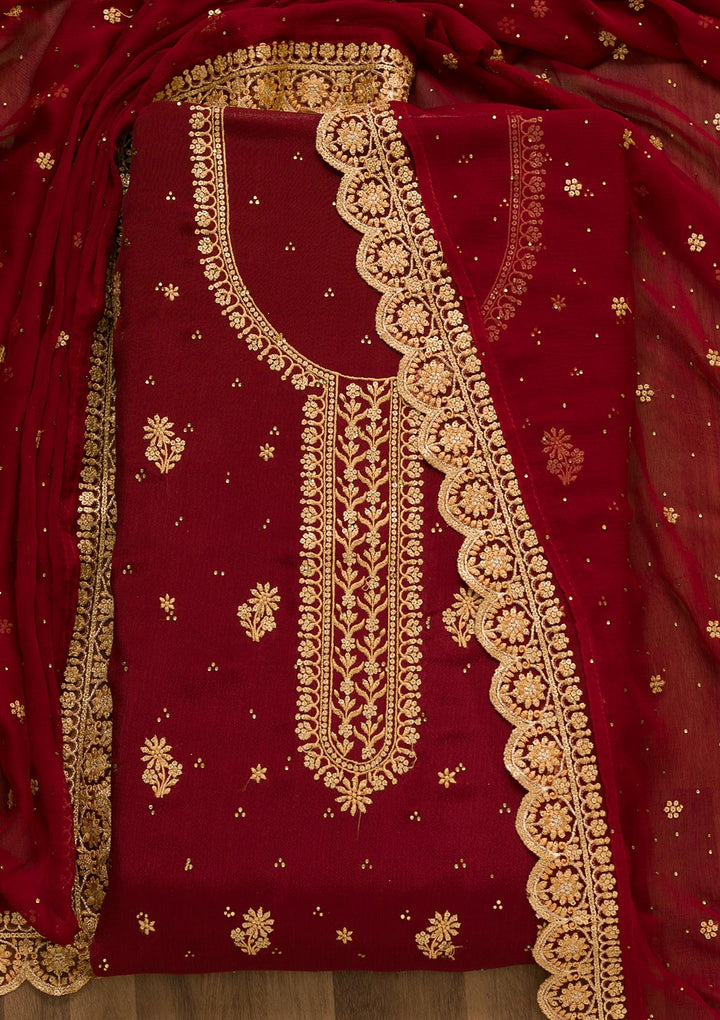 Maroon Threadwork Semi Crepe Unstitched Salwar Suit-Koskii