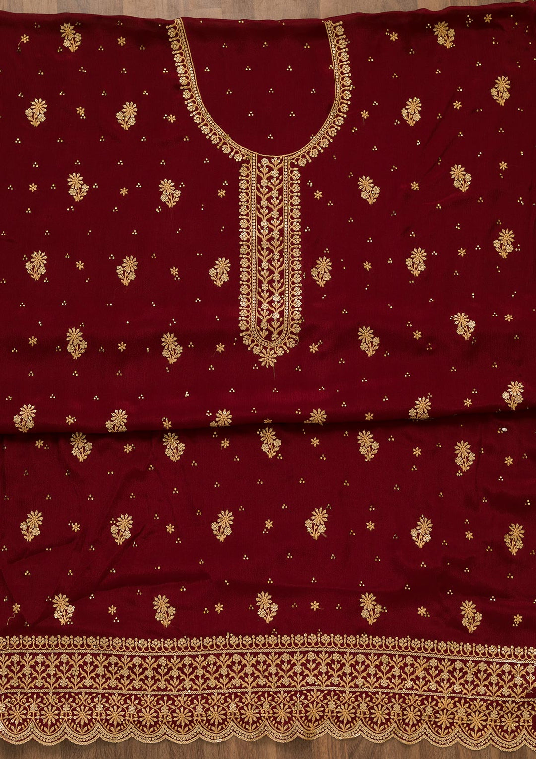 Maroon Threadwork Semi Crepe Unstitched Salwar Suit-Koskii