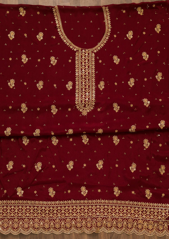 Maroon Threadwork Semi Crepe Unstitched Salwar Suit-Koskii