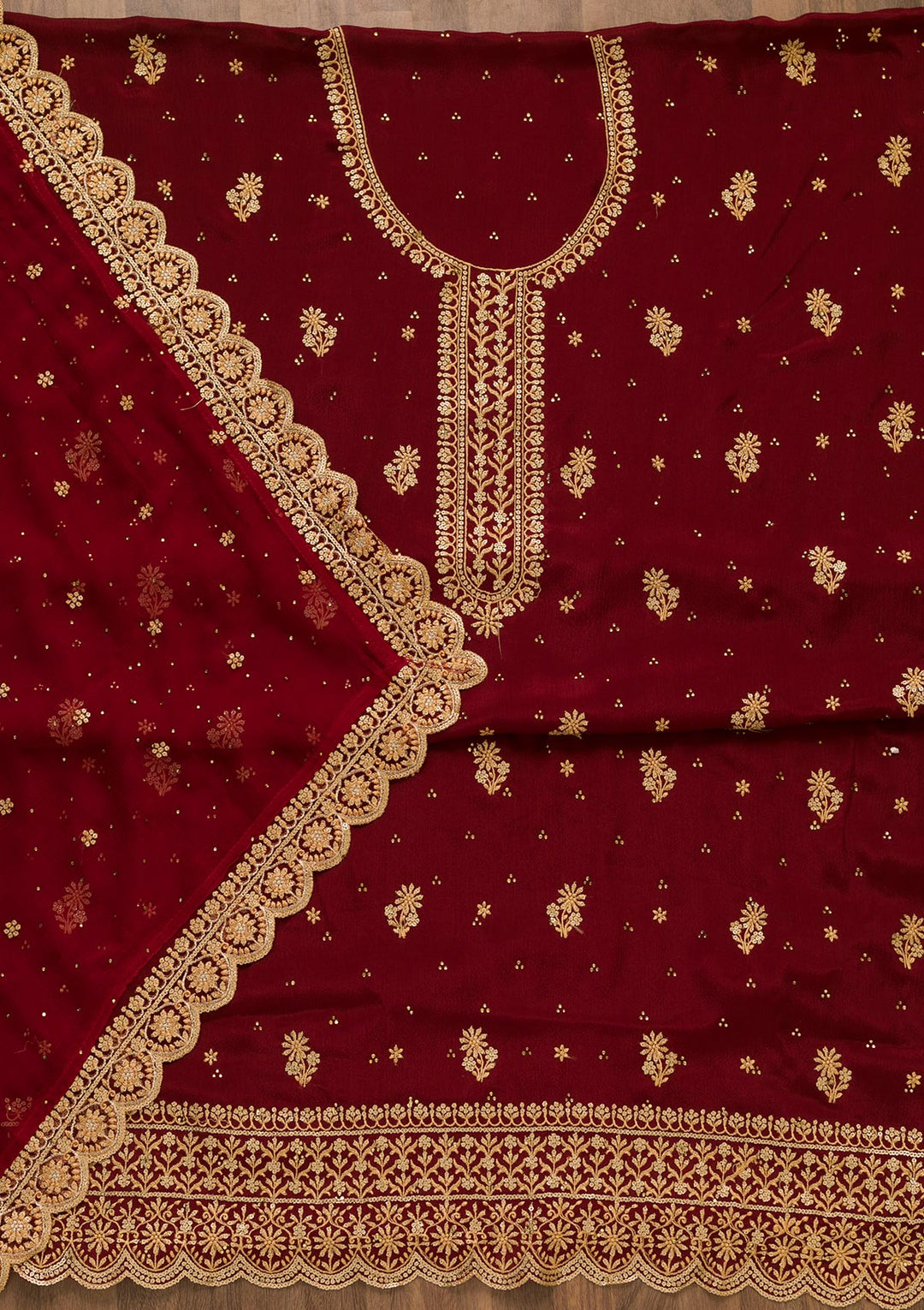Maroon Threadwork Semi Crepe Unstitched Salwar Suit-Koskii