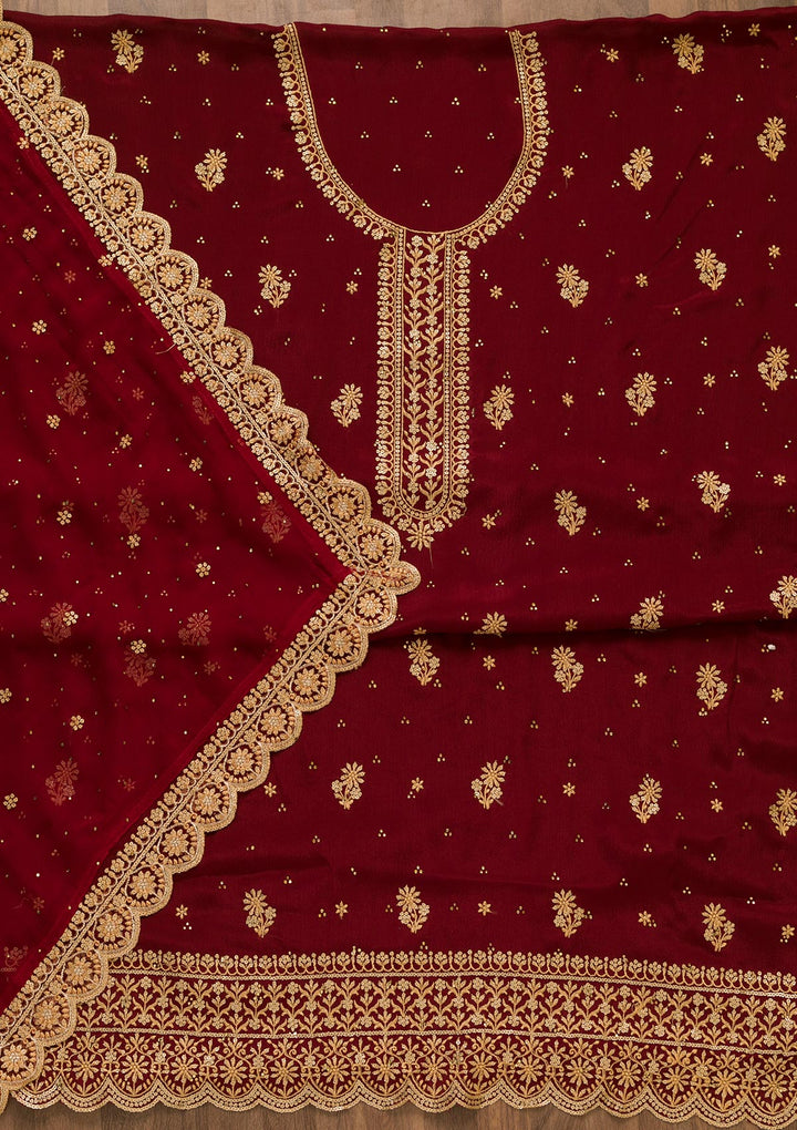 Maroon Threadwork Semi Crepe Unstitched Salwar Suit-Koskii