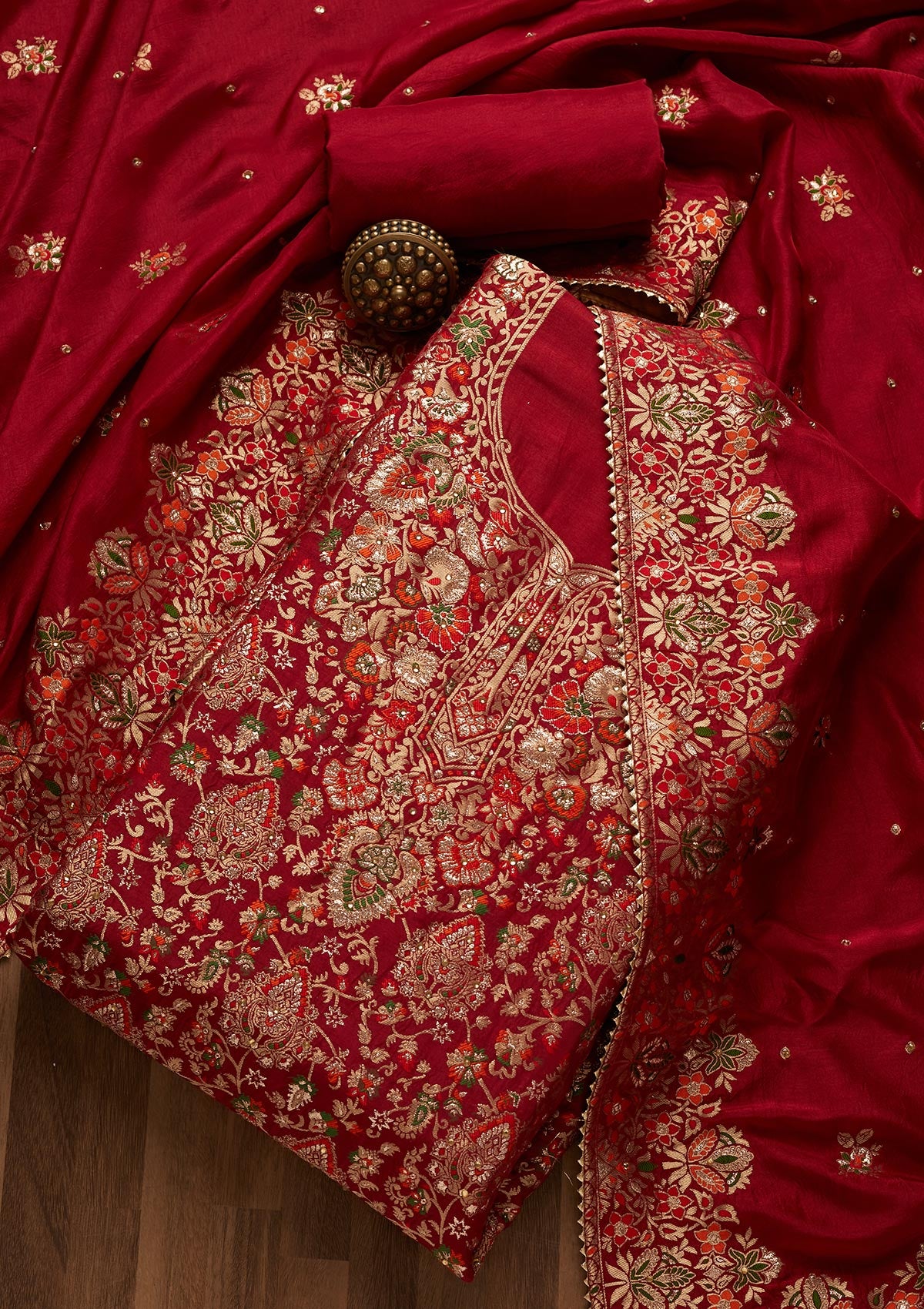 Maroon Zariwork Art Silk Unstitched Salwar Suit- Koskii