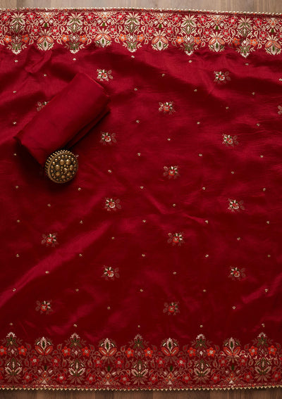 Maroon Zariwork Art Silk Unstitched Salwar Suit - Koskii