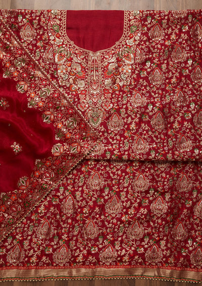 Maroon Zariwork Art Silk Unstitched Salwar Suit - Koskii