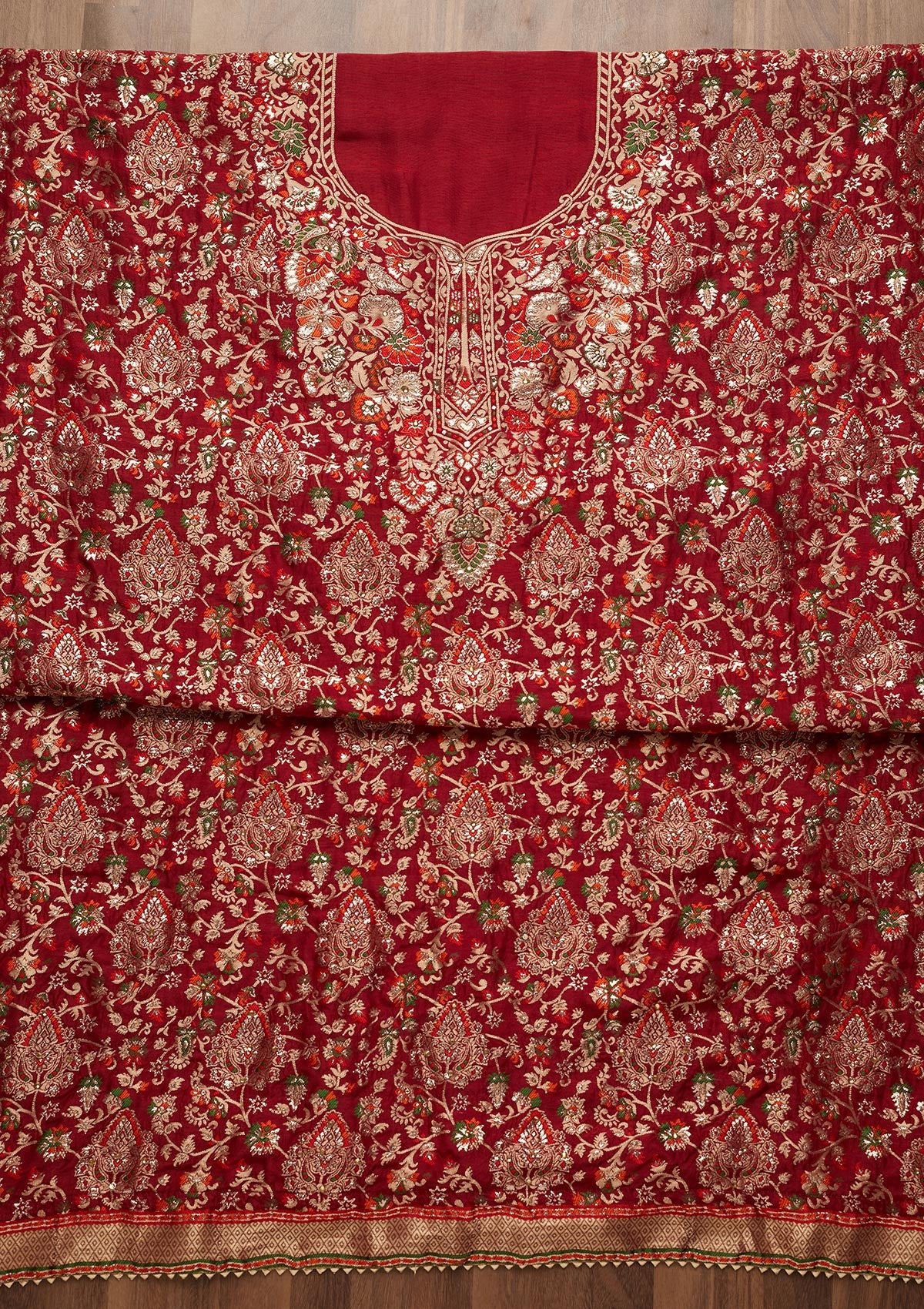 Maroon Zariwork Art Silk Unstitched Salwar Suit - Koskii
