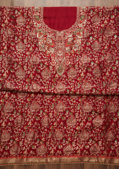 Maroon Zariwork Art Silk Unstitched Salwar Suit - Koskii