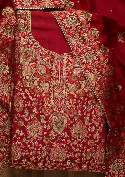 Maroon Zariwork Art Silk Unstitched Salwar Suit - Koskii