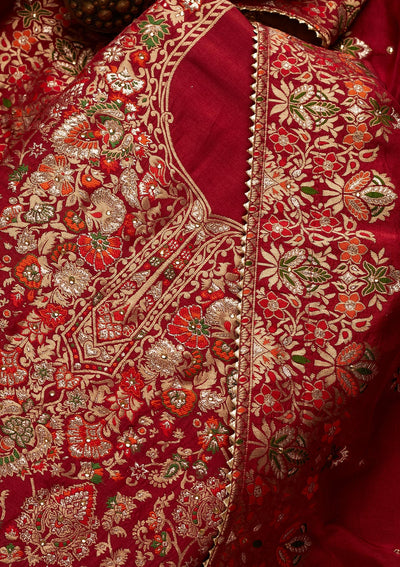 Maroon Zariwork Art Silk Unstitched Salwar Suit - Koskii