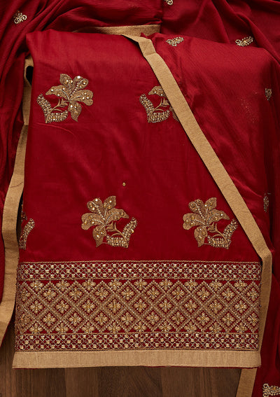Maroon Zariwork Art Silk Unstitched Salwar Suit-Koskii
