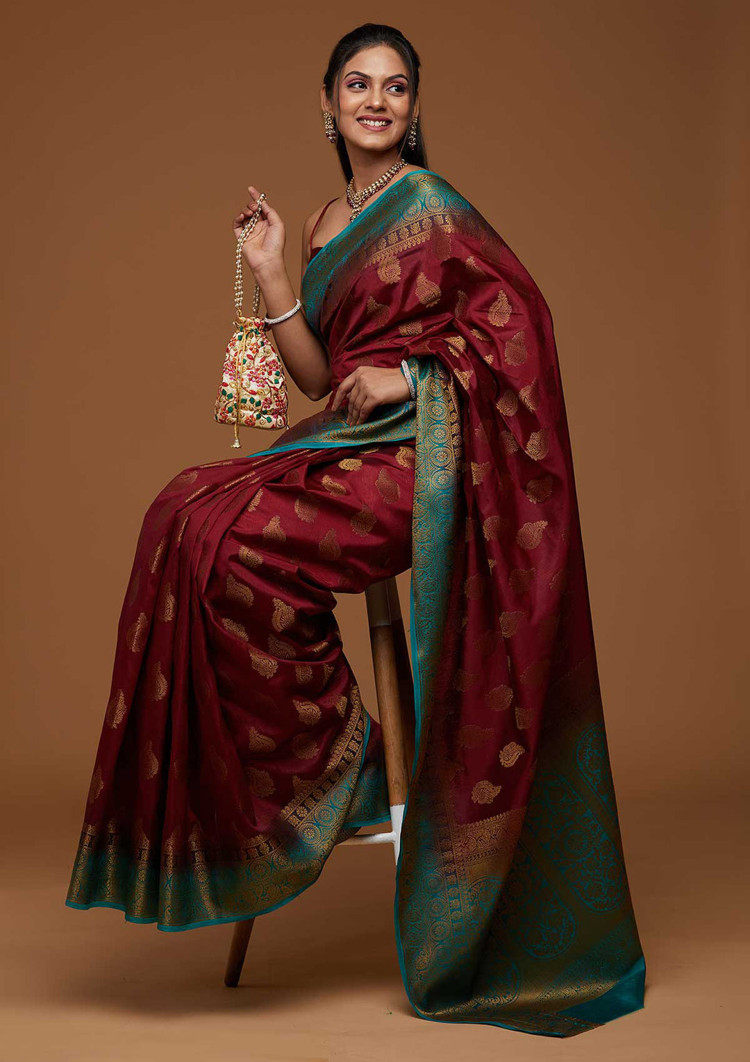 Maroon Zariwork Art Silk Saree - Koskii