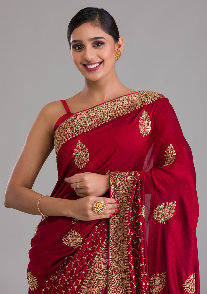 Maroon Zariwork Art Silk Saree-Koskii