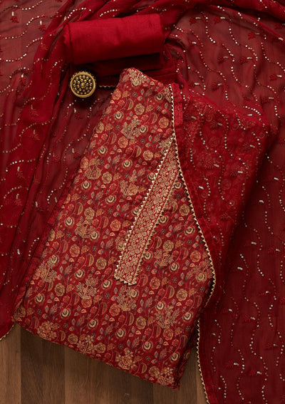 Maroon Zariwork Banarasi Semi-Stitched Salwar Suit - Koskii