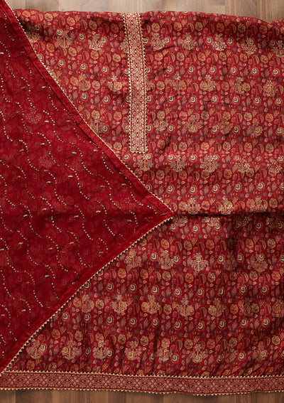 Maroon Zariwork Banarasi Semi-Stitched Salwar Suit-Koskii