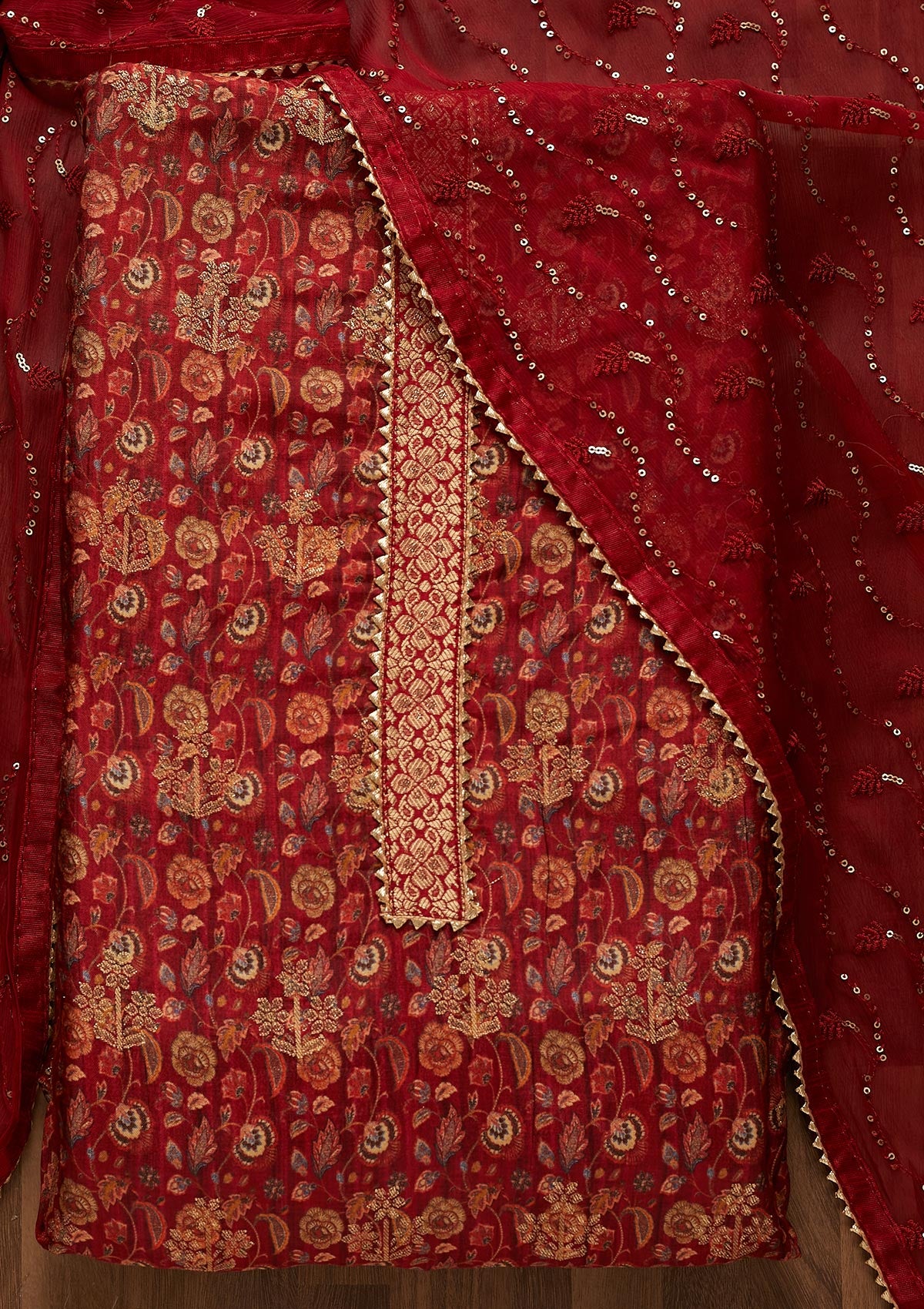 Maroon Zariwork Banarasi Semi-Stitched Salwar Suit-Koskii