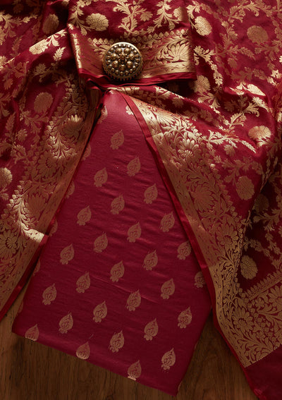Maroon Zariwork Banarasi Designer Unstitched Salwar Suit - koskii