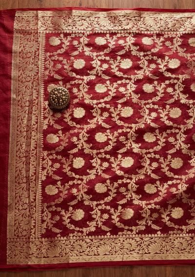 Maroon Zariwork Banarasi Designer Unstitched Salwar Suit - koskii