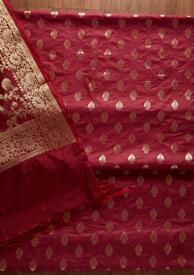Maroon Zariwork Banarasi Designer Unstitched Salwar Suit - koskii