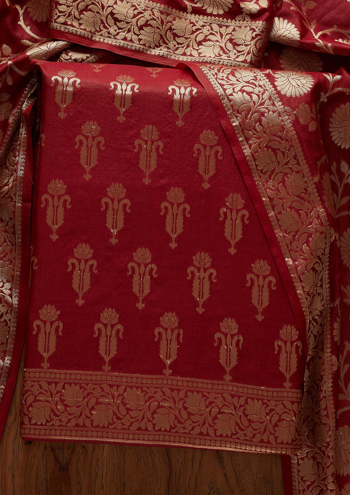 Maroon Zariwork Banarasi Designer Unstitched Salwar Suit - Koskii