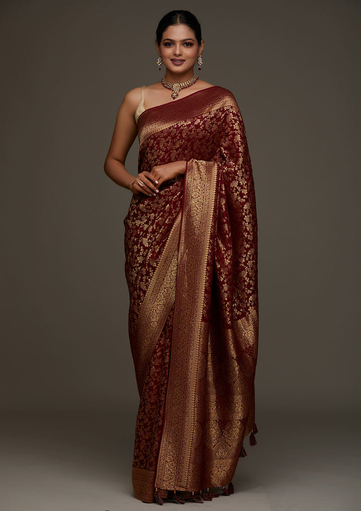 Maroon Zariwork Banarasi Designer Saree-Koskii