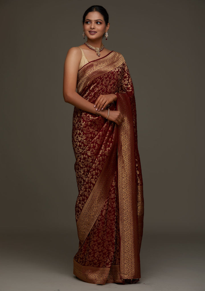 Maroon Zariwork Banarasi Designer Saree - Koskii