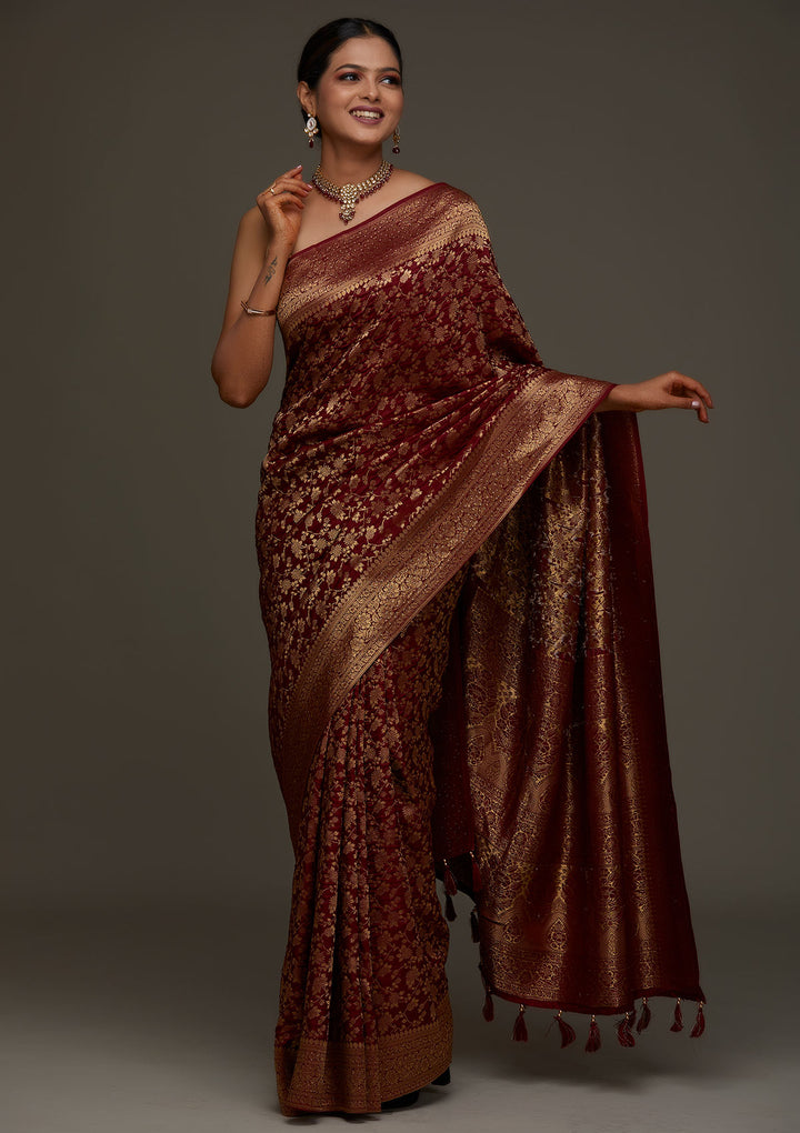 Maroon Zariwork Banarasi Designer Saree - Koskii