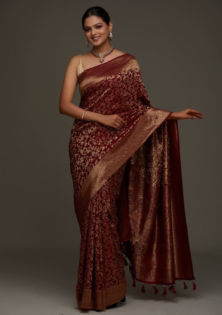 Maroon Zariwork Banarasi Designer Saree - Koskii