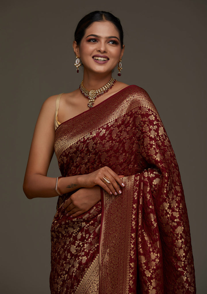 Maroon Zariwork Banarasi Designer Saree - Koskii