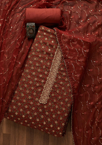 Maroon Zariwork Chanderi Semi-Stitched Salwar Suit-Koskii