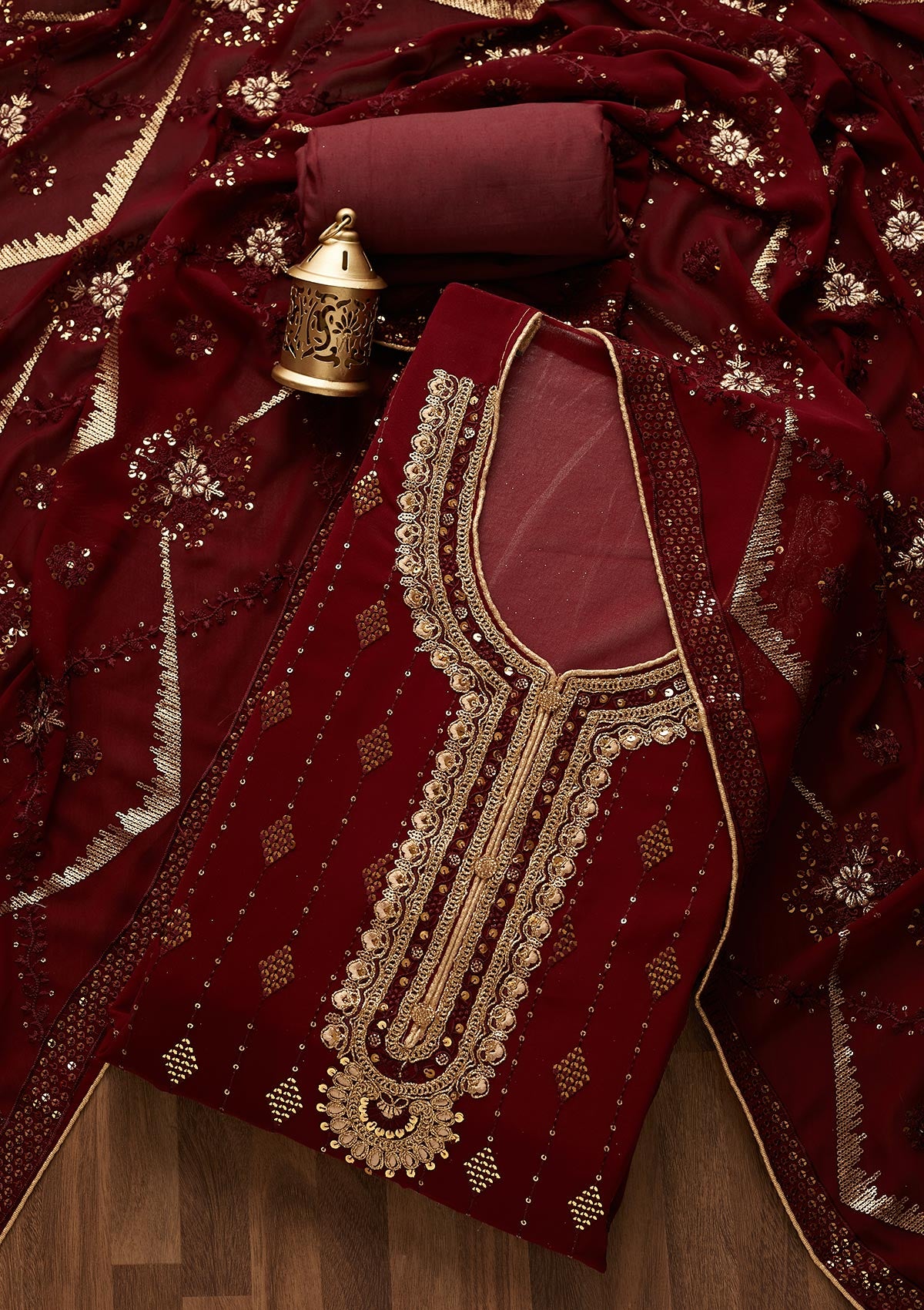 Maroon Zariwork Georgette Semi-Stitched Salwar Suit- Koskii