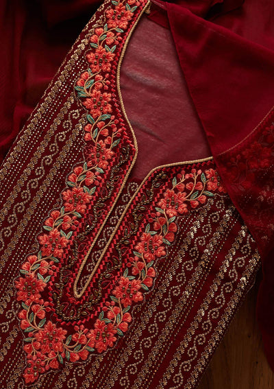 Maroon Zariwork Georgette Designer Unstitched Salwar Suit - koskii