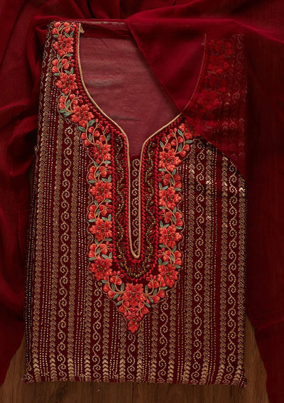 Maroon Zariwork Georgette Designer Unstitched Salwar Suit - koskii