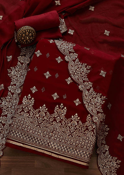 Maroon Zariwork Georgette Designer Unstitched Salwar Suit - Koskii