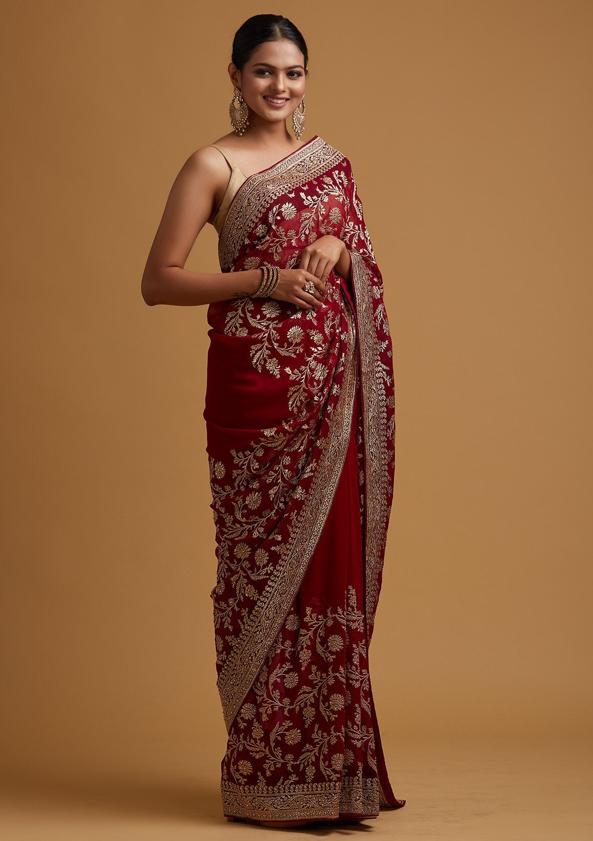 Banarasi Georgette Zari Work Floral Saree – FashionVibes