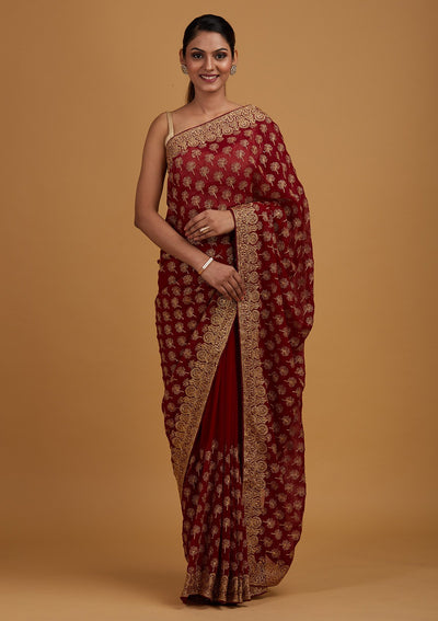 Maroon Zariwork Georgette Designer Saree - Koskii