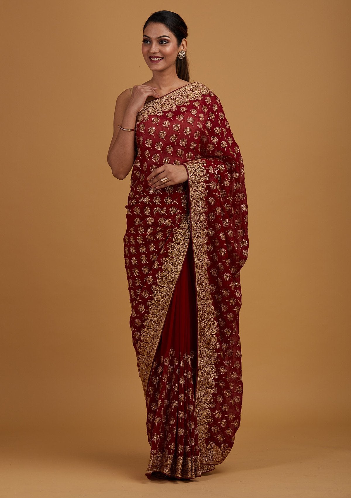 Maroon Zariwork Georgette Designer Saree - Koskii