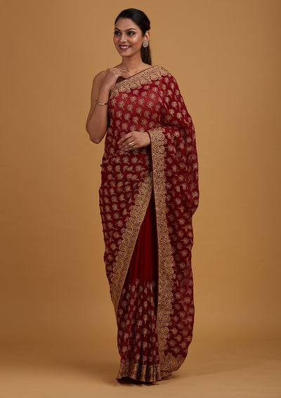 Maroon Zariwork Georgette Designer Saree - Koskii
